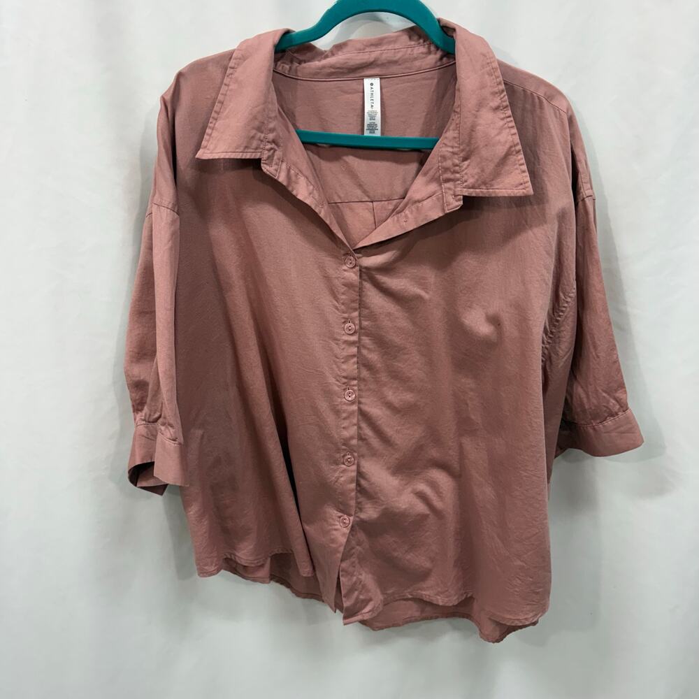 Athleta Cotton Dream Sleep Oversized Top Pink Button Up Gathered Sleeve XL
